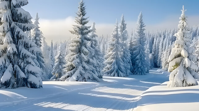 Snowy landscape with frosted trees and clear blue sky in a tranquil forest.

