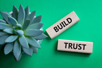 Build trust symbol. Wooden blocks with words Build trust. Beautiful green background with succulent...