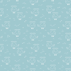 Cute Cartoon Helicopter and Clouds Seamless Pattern for Baby Boy. Line Art Flying Helicopters. Vector Blue Pattern for Kids Fashion.