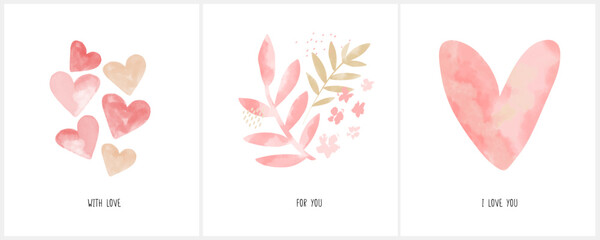 Set of 3 Watercolor Cards. Simple Vector Illustration with Hand Drawn Light Pink and Red Hearts isolated on a White Background. Trendy Floral Art with Twigs and Flowers.Valentine's Day Prints. RGB.