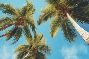 Fototapeta na wymiar Palm trees and blue sky low angle shot