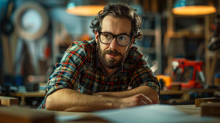 A bespectacled man in a plaid shirt sits at an indoor table, his human face adorned with glasses, his relaxed posture exuding confidence and style