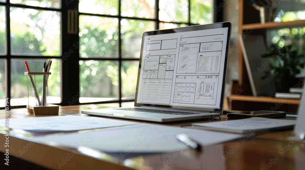 Poster UI UX wireframes for a web or mobile app displayed on a laptop computer screen. Photo of developer workspace for ideation and design.