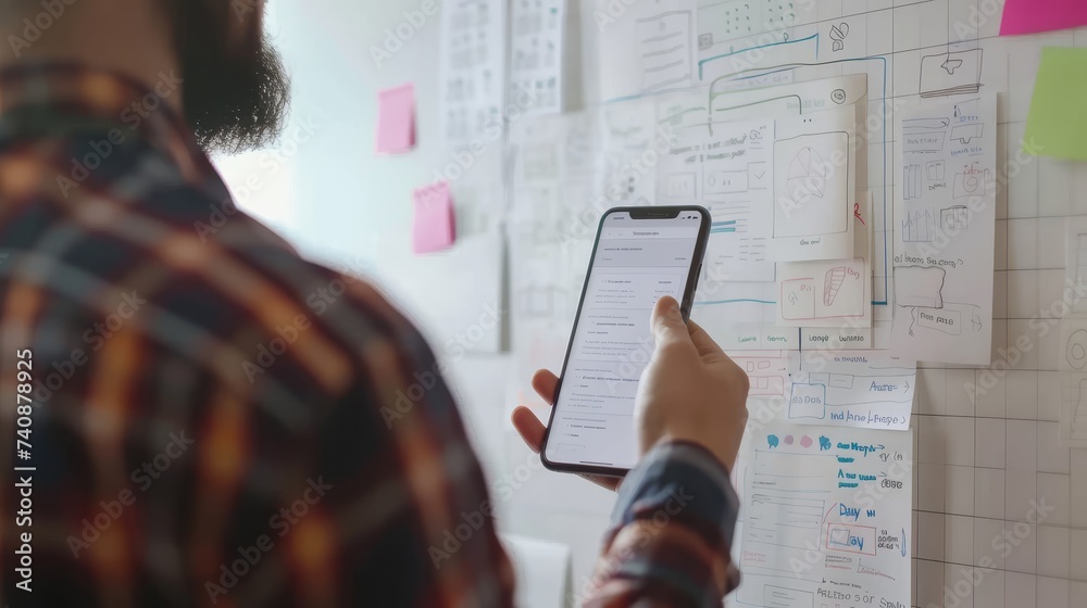 Poster An application for the mobile phone is being planned by a web developer on a whiteboard