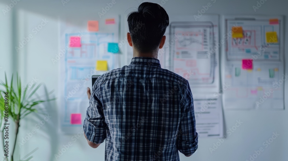 Poster Planned application for mobile phone on whiteboard by a web developer