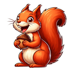 Laughing cartoon red squirrel character holding a hazelnut, isolated