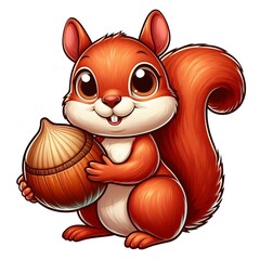 Happy cartoon red squirrel character holding a hazelnut, isolated