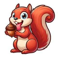 Cartoon red squirrel character with tongue out, holding a hazelnut, isolated