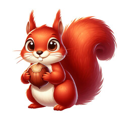 Happy cartoon red squirrel character holding a hazelnut, isolated