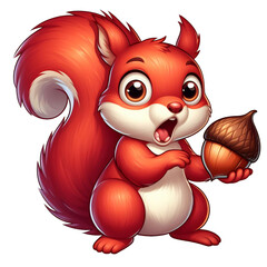 Surprised cartoon red squirrel character holding a hazelnut, isolated