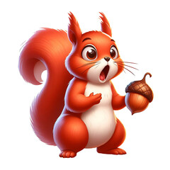 Surprised cartoon red squirrel character holding a hazelnut, isolated