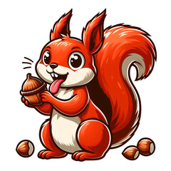 Cartoon red squirrel character with tongue out, holding a hazelnut, isolated