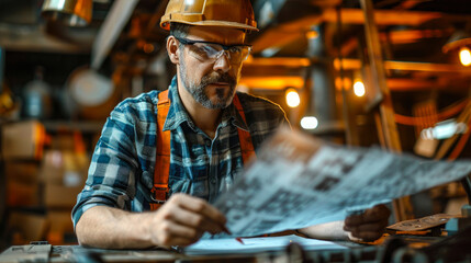 A focused man in protective gear catches up on current events, his thoughtful expression hidden behind a hard hat and glasses