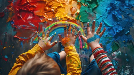 Children's drawing rainbows, coloring on their hands,