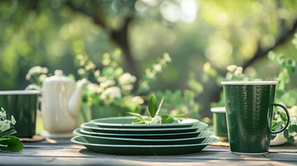 Green cutlery on a table perfectly set and arranged in a garden - obrazy, fototapety, plakaty