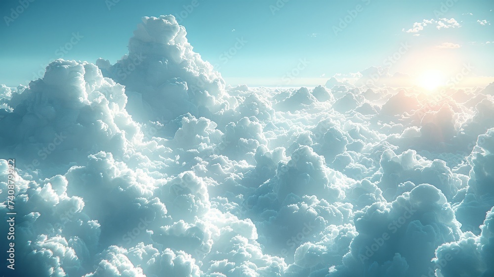 Poster A high view of white clouds in the morning on a soft sky background. A view of white clouds from a plane.
