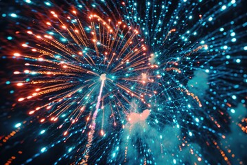 A vibrant spectacle unfolds as a variety of colorful fireworks explode and illuminate the night sky, Fireworks exploding in the sky made of binary code, AI Generated
