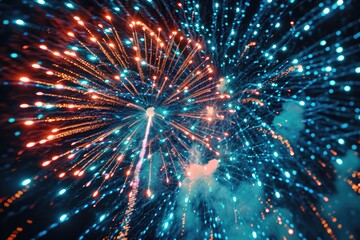 Obraz premium A vibrant spectacle unfolds as a variety of colorful fireworks explode and illuminate the night sky, Fireworks exploding in the sky made of binary code, AI Generated