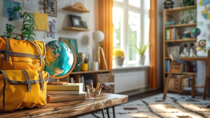 Naklejka premium Children's room with wooden table, books, globe, backpack, glasses and pencils