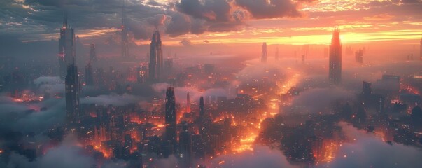Above the clouds a futuristic city thrives connected by a web of sci fi data hubs - obrazy, fototapety, plakaty
