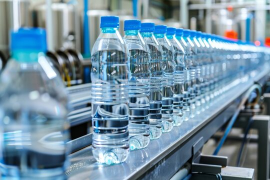 Water bottling plant pristine environment bottles aligned on conveyor belts