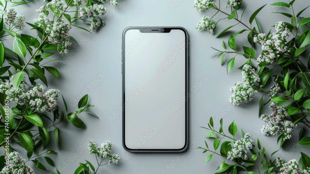 Poster A smartphone mockup isolated on a white background with a blank screen. Smartphone mockup closeup isolated on a white background.