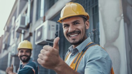 Male electrician giving thumbs up to air conditioner repairman