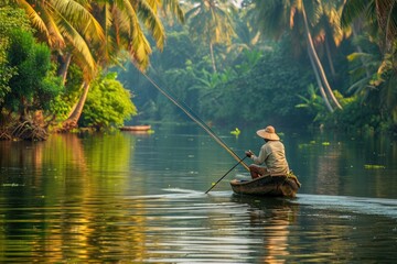 A man sits on a boat in the center of a river, surrounded by water and nature, Fishing in the...