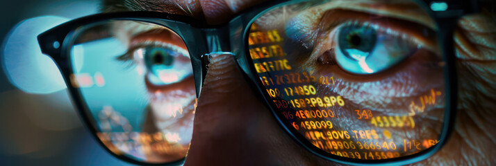 Close-up of analyst with glasses examining financial charts