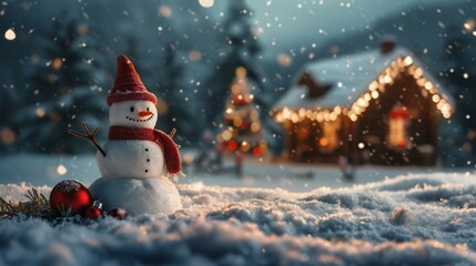 Charming Snowman in a Snowy Evening Setting