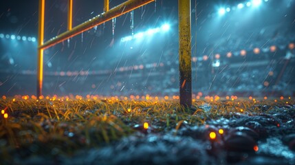 A 3D rendering of an American football arena with a yellow goal post, grass field, and blurred fans on a playground. Conceptual image of an outdoot sport space, such as a game, championship, match, or - obrazy, fototapety, plakaty