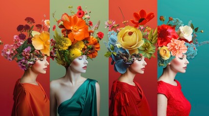 group of women with artistic makeup themed with real flowers on a colorful background in a professional studio in high resolution and high quality. professional artistic makeup concept by artists