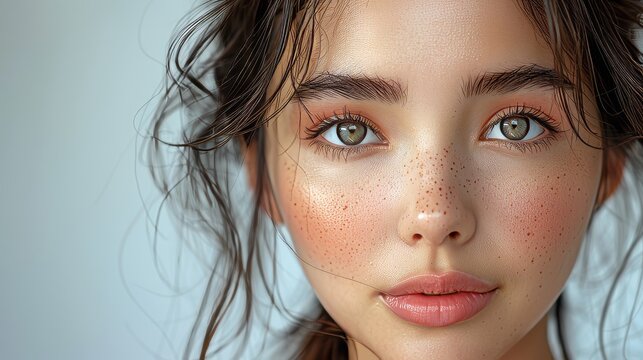 Stunning crop picture of skincare and cosmetic concept with text space. Beautiful Asian girl with natural skin touching beautiful face.
