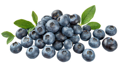 Blueberries with leaves isolated on transparent background.