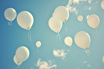 A collection of white balloons gracefully float in the sky against a clear blue backdrop, Floating balloons in an empty sky, AI Generated
