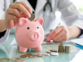 A focused doctor carefully saves money in a piggy bank, fully dedicated to their medical education, growth, and professional development.