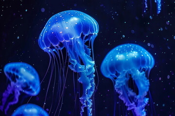 Blue neon jellyfishes in underwater space