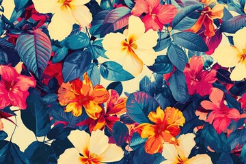 A variety of vibrant flowers in different colors and shapes is beautifully arranged on a table, Floral patterns executed in an abstract fashion, AI Generated