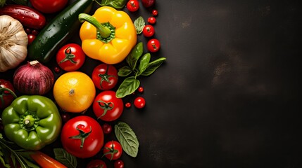 Assorted fresh ripe fruits and vegetables. Food concept background. Top view. Copy space - obrazy, fototapety, plakaty