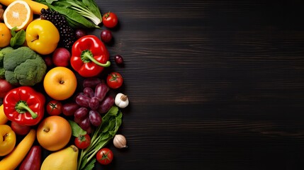 Assorted fresh ripe fruits and vegetables. Food concept background. Top view. Copy space - obrazy, fototapety, plakaty