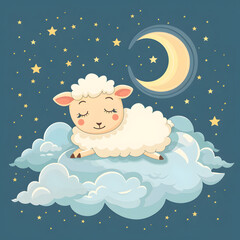Sheep sleeping on clouds in the sky at night. Good night and sweet dream background for kids.