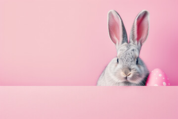 Cute Easter bunny rabbit with Easter eggs peeping behind pink background.