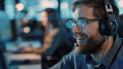 Man smiling wearing headphones providing customer service in office