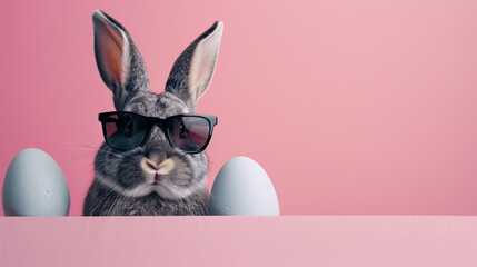 Easter bunny rabbit wearing sunglasses peeping behind Easter eggs on pink background, with copy space.