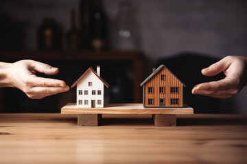 Two hands are seen exchanging a larger model house for a smaller one. Concept of downsizing in property ownership or living space.