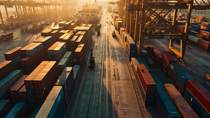 global trade and commerce  containers being loaded onto cargo ships - obrazy, fototapety, plakaty