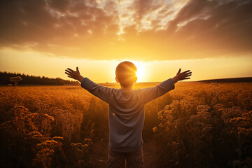 Happy kid on a summer field looking at the sun. Little boy view from the back his hands above the sunrise or sunrise.
