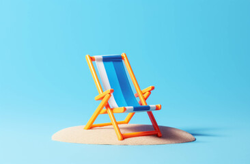 A blue and white striped beach chair sits on a pile of sand. The background is blue.