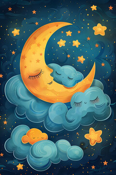Cute moon sleeping on clouds in the sky at night. Good night and sweet dream background for kids.