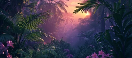 The violet sunlight filters through the dense canopy of trees in the jungle, casting a pink hue on the terrestrial plants and grass below